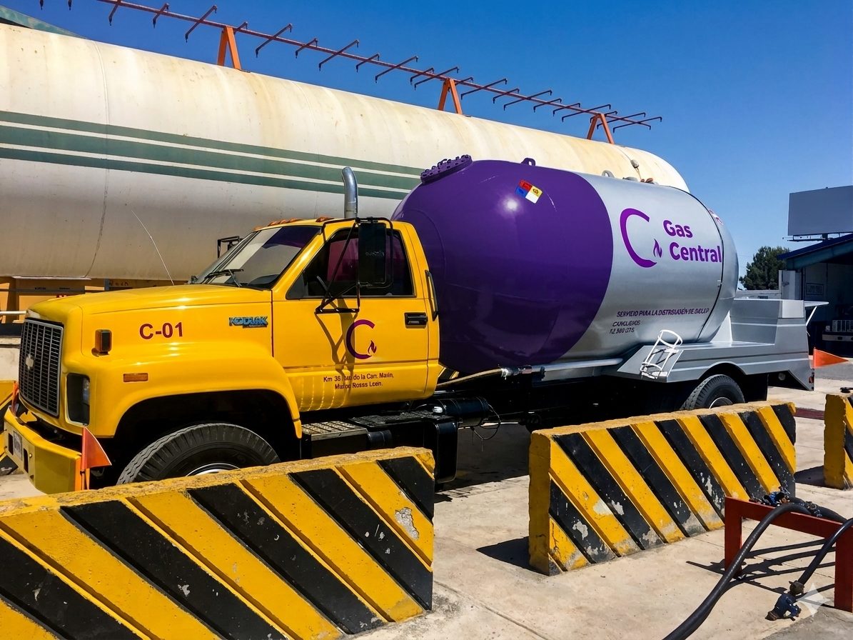Pipa amarilla Gas Central C-01 cargando gas LP en planta de almacenamiento en Marín, Nuevo León